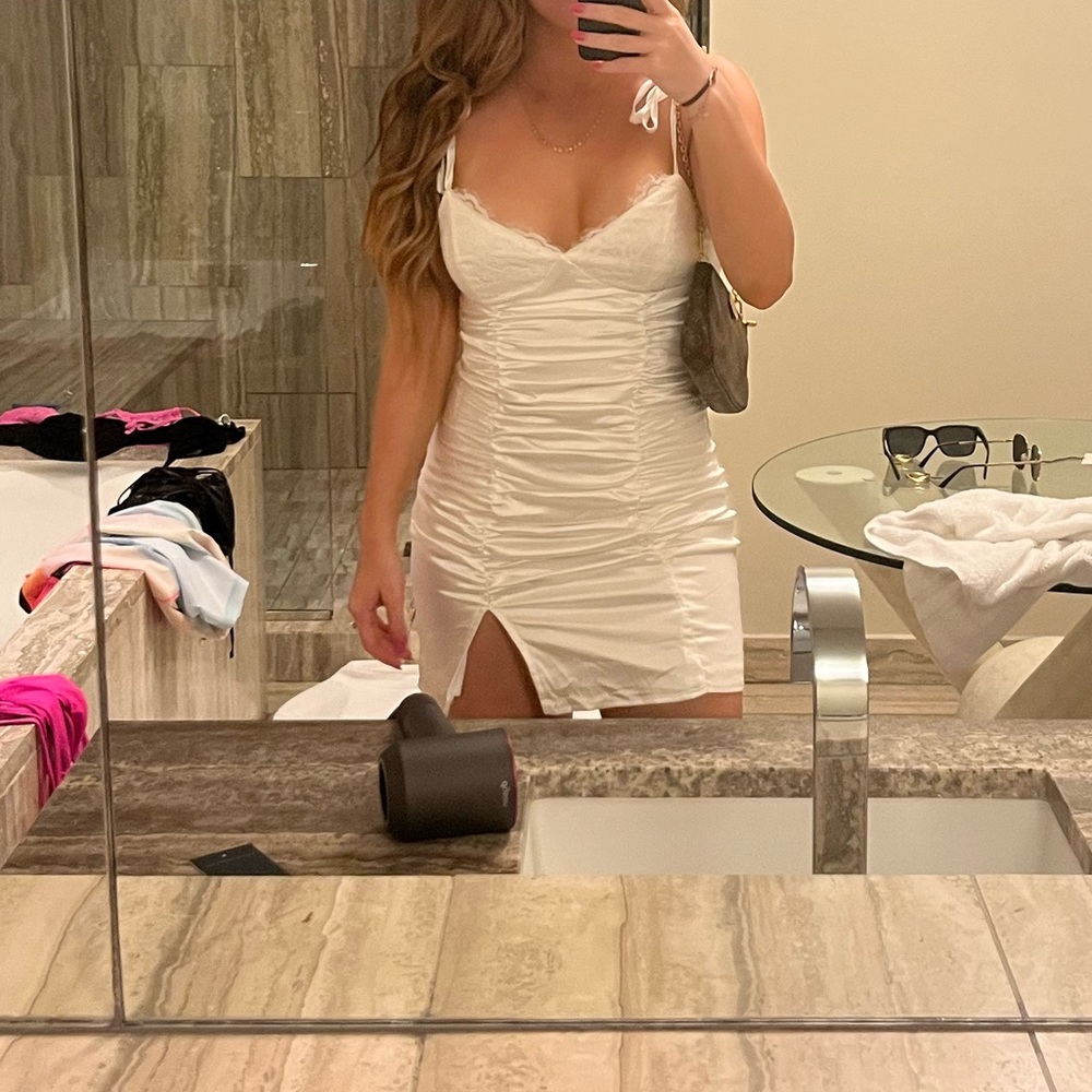 White satin dress from Revolve